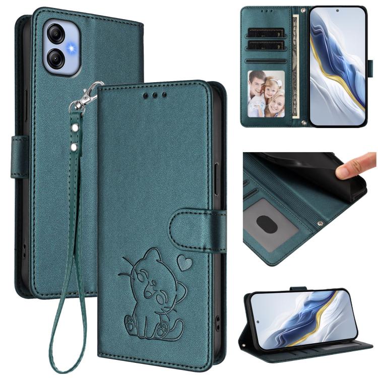 Custodia per telefono in pelle con ciondolo a forma di gatto e cuore in rilievo, completa di cinturino da polso., For Samsung Galaxy A04e 4G / F04, For Samsung Galaxy A14 4G / 5G