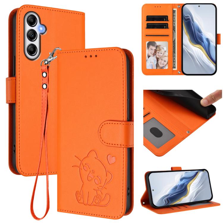 Custodia per telefono in pelle con ciondolo a forma di gatto e cuore in rilievo, completa di cinturino da polso., For Samsung Galaxy A04e 4G / F04, For Samsung Galaxy A14 4G / 5G
