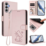 Custodia per telefono in pelle con ciondolo a forma di gatto e cuore in rilievo, completa di cinturino da polso., For Samsung Galaxy A34 5G, For Samsung Galaxy A54 5G