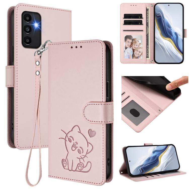 Custodia per telefono in pelle con ciondolo a forma di gatto e cuore in rilievo, completa di cinturino da polso., For Samsung Galaxy A13 4G / 5G, For Samsung Galaxy A53 5G