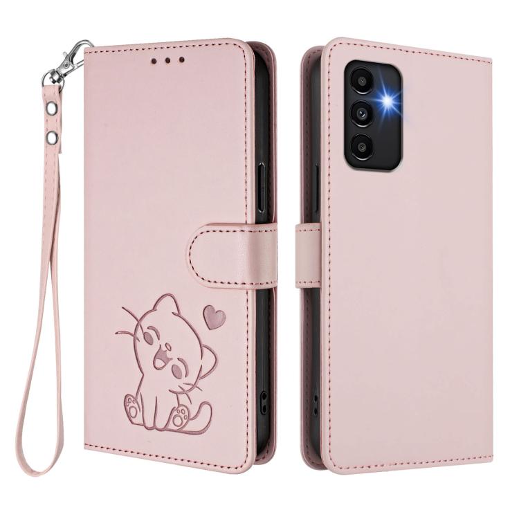 Custodia per telefono in pelle con ciondolo a forma di gatto e cuore in rilievo, completa di cinturino da polso., For Samsung Galaxy A13 4G / 5G, For Samsung Galaxy A53 5G