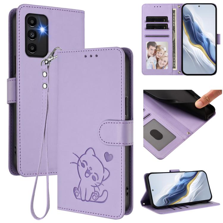 Custodia per telefono in pelle con ciondolo a forma di gatto e cuore in rilievo, completa di cinturino da polso., For Samsung Galaxy A13 4G / 5G, For Samsung Galaxy A53 5G
