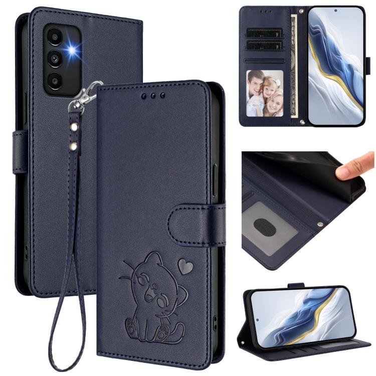 Custodia per telefono in pelle con ciondolo a forma di gatto e cuore in rilievo, completa di cinturino da polso., For Samsung Galaxy A13 4G / 5G, For Samsung Galaxy A53 5G