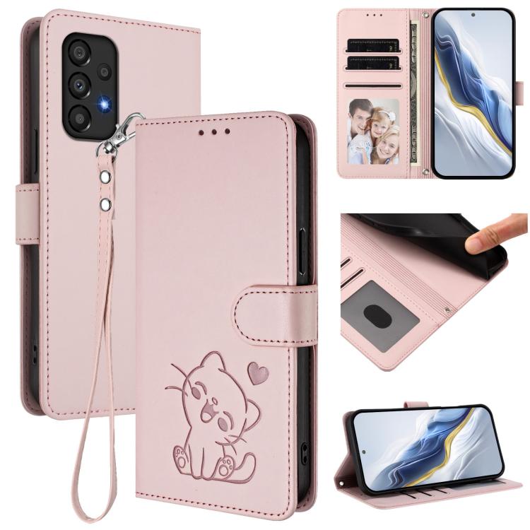Custodia per telefono in pelle con ciondolo a forma di gatto e cuore in rilievo, completa di cinturino da polso., For Samsung Galaxy A13 4G / 5G, For Samsung Galaxy A53 5G
