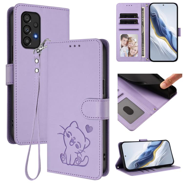 Custodia per telefono in pelle con ciondolo a forma di gatto e cuore in rilievo, completa di cinturino da polso., For Samsung Galaxy A13 4G / 5G, For Samsung Galaxy A53 5G
