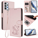 Custodia per telefono in pelle con ciondolo a forma di gatto e cuore in rilievo, completa di cinturino da polso., For Samsung Galaxy A73 5G, For Samsung Galaxy A33 5G