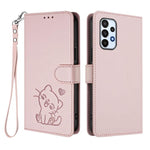 Custodia per telefono in pelle con ciondolo a forma di gatto e cuore in rilievo, completa di cinturino da polso., For Samsung Galaxy A73 5G, For Samsung Galaxy A33 5G