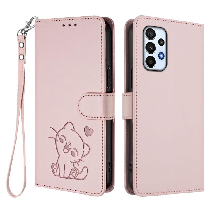 Custodia per telefono in pelle con ciondolo a forma di gatto e cuore in rilievo, completa di cinturino da polso., For Samsung Galaxy A73 5G, For Samsung Galaxy A33 5G