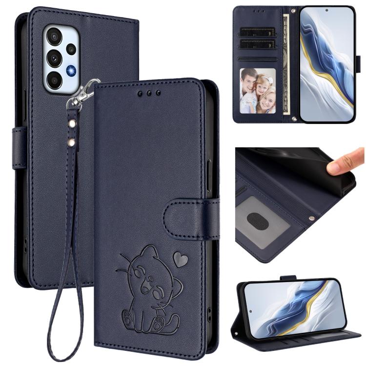 Custodia per telefono in pelle con ciondolo a forma di gatto e cuore in rilievo, completa di cinturino da polso., For Samsung Galaxy A73 5G, For Samsung Galaxy A33 5G
