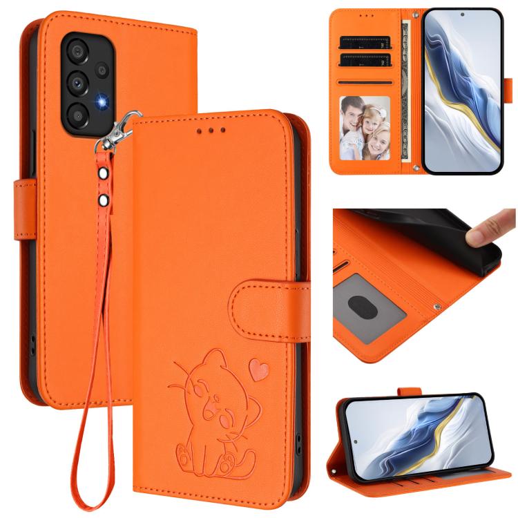 Custodia per telefono in pelle con ciondolo a forma di gatto e cuore in rilievo, completa di cinturino da polso., For Samsung Galaxy A73 5G, For Samsung Galaxy A33 5G