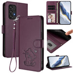 Custodia per telefono in pelle con ciondolo a forma di gatto e cuore in rilievo, completa di cinturino da polso., For Samsung Galaxy A73 5G, For Samsung Galaxy A33 5G
