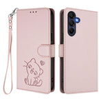Custodia per telefono in pelle con ciondolo a forma di gatto e cuore in rilievo, completa di cinturino da polso., For Samsung Galaxy A16 4G / 5G, For Samsung Galaxy A05s / F14 4G