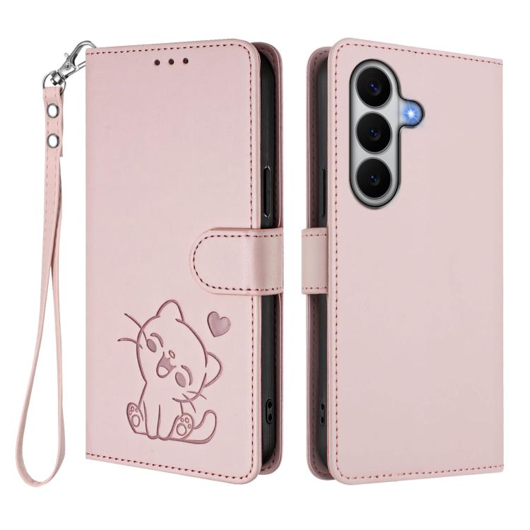 Custodia per telefono in pelle con ciondolo a forma di gatto e cuore in rilievo, completa di cinturino da polso., For Galaxy A27 5G, For Samsung Galaxy A25e 5G