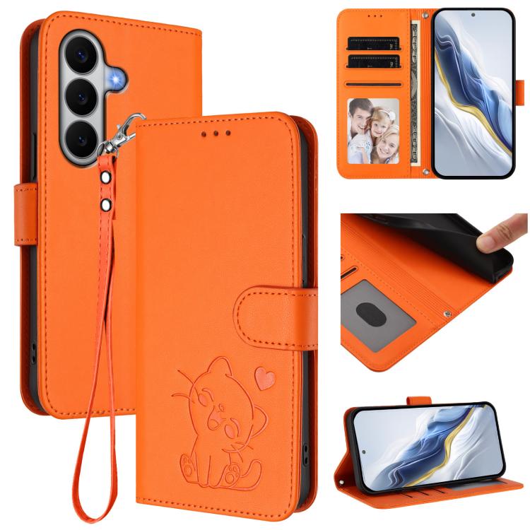 Custodia per telefono in pelle con ciondolo a forma di gatto e cuore in rilievo, completa di cinturino da polso., For Galaxy A27 5G, For Samsung Galaxy A25e 5G