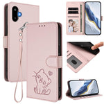Custodia per telefono in pelle con ciondolo a forma di gatto e cuore in rilievo, completa di cinturino da polso., For Samsung Galaxy M16 5G / F16 5G, For Samsung Galaxy M06 5G / F06 5G