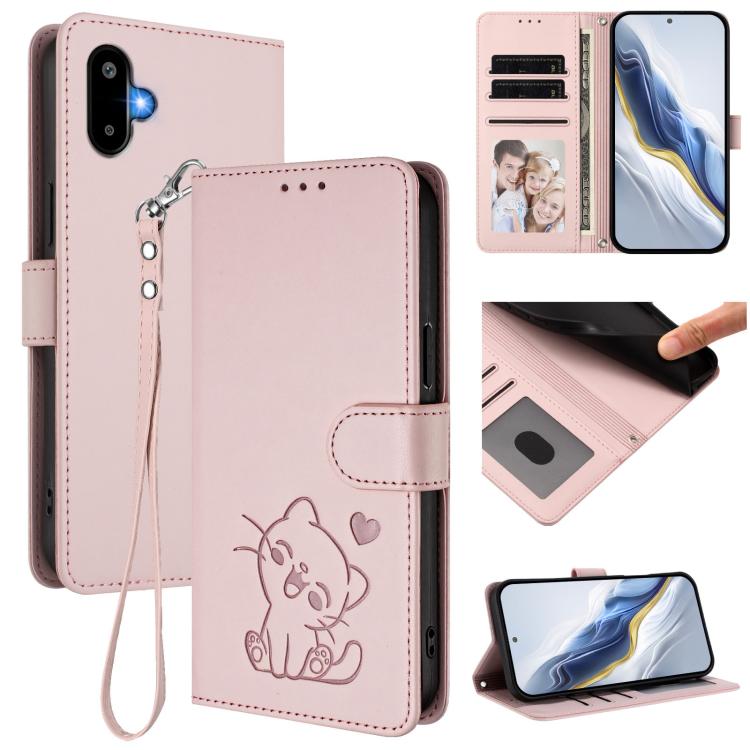 Custodia per telefono in pelle con ciondolo a forma di gatto e cuore in rilievo, completa di cinturino da polso., For Samsung Galaxy M16 5G / F16 5G, For Samsung Galaxy M06 5G / F06 5G
