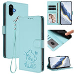 Custodia per telefono in pelle con ciondolo a forma di gatto e cuore in rilievo, completa di cinturino da polso., For Samsung Galaxy M16 5G / F16 5G, For Samsung Galaxy M06 5G / F06 5G