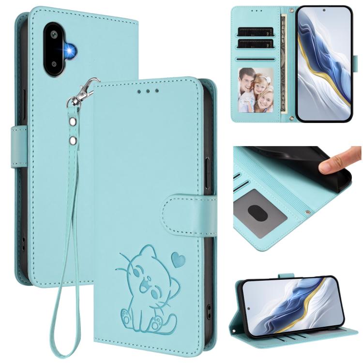 Custodia per telefono in pelle con ciondolo a forma di gatto e cuore in rilievo, completa di cinturino da polso., For Samsung Galaxy M16 5G / F16 5G, For Samsung Galaxy M06 5G / F06 5G