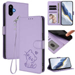 Custodia per telefono in pelle con ciondolo a forma di gatto e cuore in rilievo, completa di cinturino da polso., For Samsung Galaxy M16 5G / F16 5G, For Samsung Galaxy M06 5G / F06 5G
