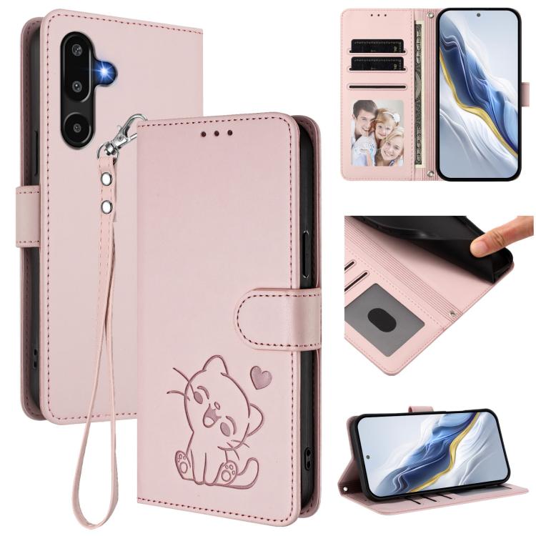 Custodia per telefono in pelle con ciondolo a forma di gatto e cuore in rilievo, completa di cinturino da polso., For Samsung Galaxy M16 5G / F16 5G, For Samsung Galaxy M06 5G / F06 5G