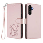Custodia per telefono in pelle con ciondolo a forma di gatto e cuore in rilievo, completa di cinturino da polso., For Samsung Galaxy M16 5G / F16 5G, For Samsung Galaxy M06 5G / F06 5G