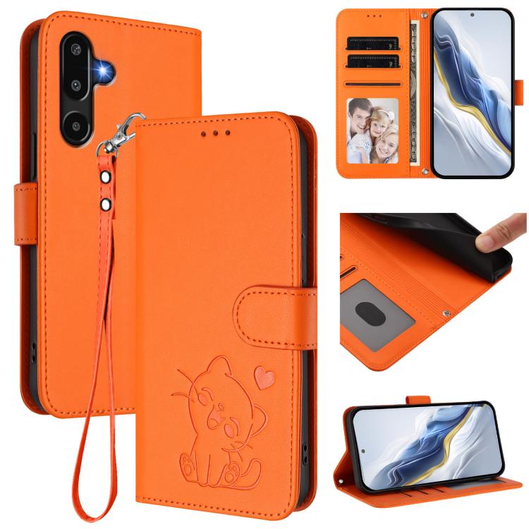 Custodia per telefono in pelle con ciondolo a forma di gatto e cuore in rilievo, completa di cinturino da polso., For Samsung Galaxy M16 5G / F16 5G, For Samsung Galaxy M06 5G / F06 5G