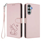 Custodia per telefono in pelle con ciondolo a forma di gatto e cuore in rilievo, completa di cinturino da polso., For Samsung Galaxy M15 5G / F15 5G, For Samsung Galaxy M34 5G / F34 5G
