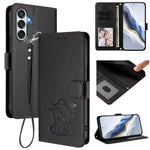 Custodia per telefono in pelle con ciondolo a forma di gatto e cuore in rilievo, completa di cinturino da polso., For Samsung Galaxy M15 5G / F15 5G, For Samsung Galaxy M34 5G / F34 5G