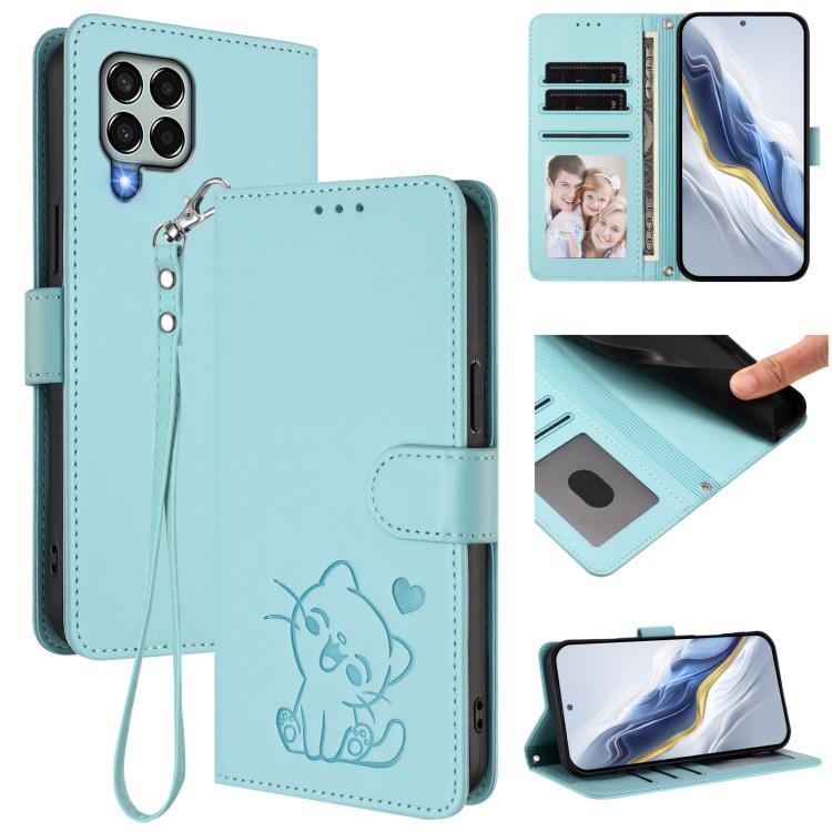 Custodia per telefono in pelle con ciondolo a forma di gatto e cuore in rilievo, completa di cinturino da polso., For Samsung Galaxy M53 5G, For Samsung Galaxy M33 5G