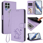 Custodia per telefono in pelle con ciondolo a forma di gatto e cuore in rilievo, completa di cinturino da polso., For Samsung Galaxy M53 5G, For Samsung Galaxy M33 5G