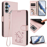 Custodia per telefono in pelle con ciondolo a forma di gatto e cuore in rilievo, completa di cinturino da polso., For Samsung Galaxy M15 5G / F15 5G, For Samsung Galaxy M34 5G / F34 5G