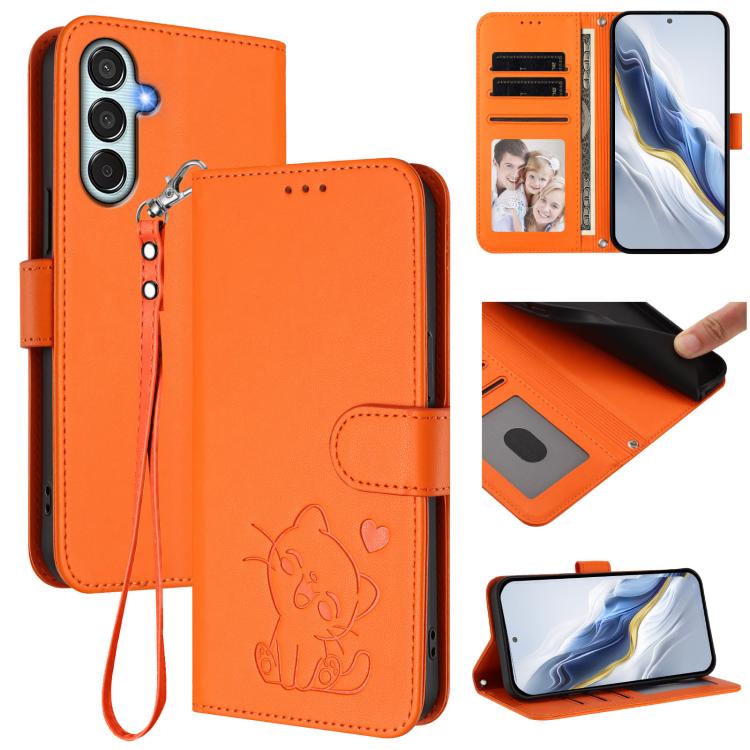Custodia per telefono in pelle con ciondolo a forma di gatto e cuore in rilievo, completa di cinturino da polso., For Samsung Galaxy M15 5G / F15 5G, For Samsung Galaxy M34 5G / F34 5G