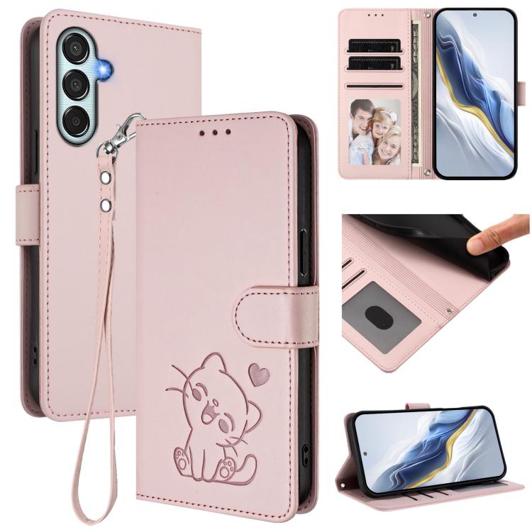 Custodia per telefono in pelle con ciondolo a forma di gatto e cuore in rilievo, completa di cinturino da polso., For Samsung Galaxy M35 5G, For Samsung Galaxy M55 / C55