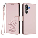 Custodia per telefono in pelle con ciondolo a forma di gatto e cuore in rilievo, completa di cinturino da polso., For Samsung Galaxy M36 5G, For Samsung Galaxy M56 5G