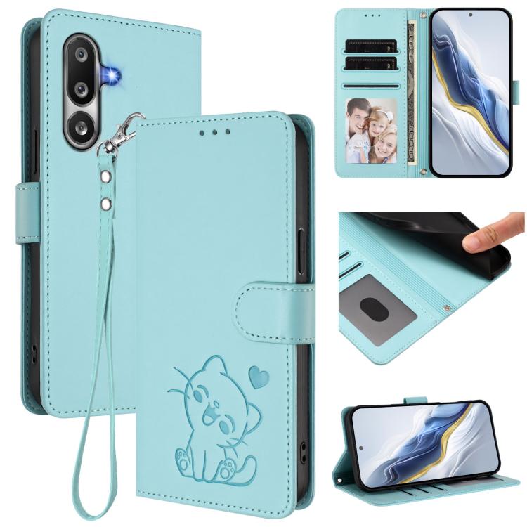 Custodia per telefono in pelle con ciondolo a forma di gatto e cuore in rilievo, completa di cinturino da polso., For Samsung Galaxy M36 5G, For Samsung Galaxy M56 5G