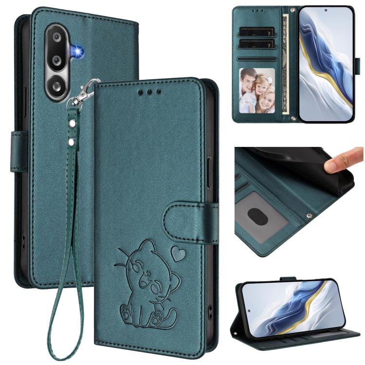 Custodia per telefono in pelle con ciondolo a forma di gatto e cuore in rilievo, completa di cinturino da polso., For Samsung Galaxy M36 5G, For Samsung Galaxy M56 5G