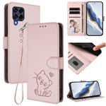 Custodia per telefono in pelle con ciondolo a forma di gatto e cuore in rilievo, completa di cinturino da polso., For Samsung Galaxy M53 5G, For Samsung Galaxy M33 5G