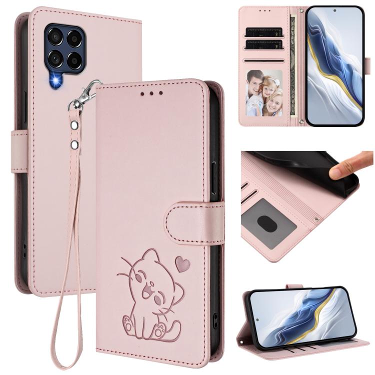 Custodia per telefono in pelle con ciondolo a forma di gatto e cuore in rilievo, completa di cinturino da polso., For Samsung Galaxy M53 5G, For Samsung Galaxy M33 5G