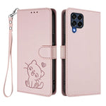 Custodia per telefono in pelle con ciondolo a forma di gatto e cuore in rilievo, completa di cinturino da polso., For Samsung Galaxy M53 5G, For Samsung Galaxy M33 5G