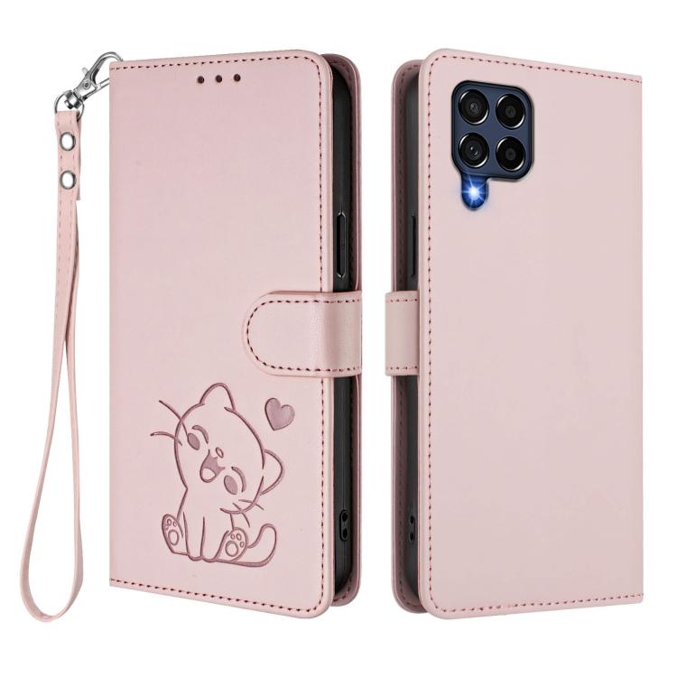 Custodia per telefono in pelle con ciondolo a forma di gatto e cuore in rilievo, completa di cinturino da polso., For Samsung Galaxy M53 5G, For Samsung Galaxy M33 5G
