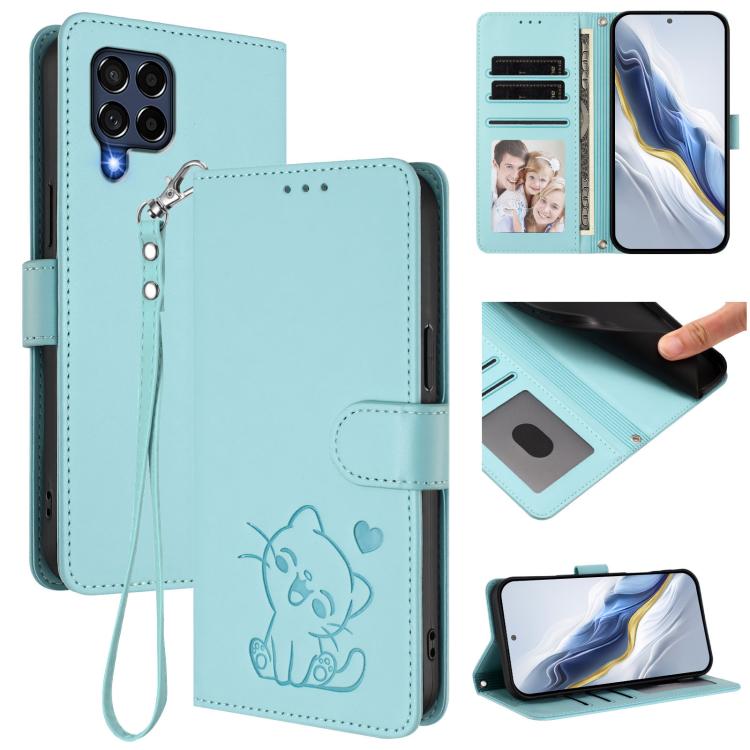 Custodia per telefono in pelle con ciondolo a forma di gatto e cuore in rilievo, completa di cinturino da polso., For Samsung Galaxy M53 5G, For Samsung Galaxy M33 5G
