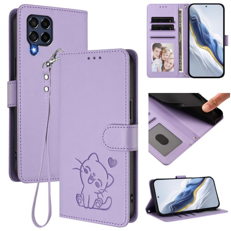 Custodia per telefono in pelle con ciondolo a forma di gatto e cuore in rilievo, completa di cinturino da polso., For Samsung Galaxy M53 5G, For Samsung Galaxy M33 5G