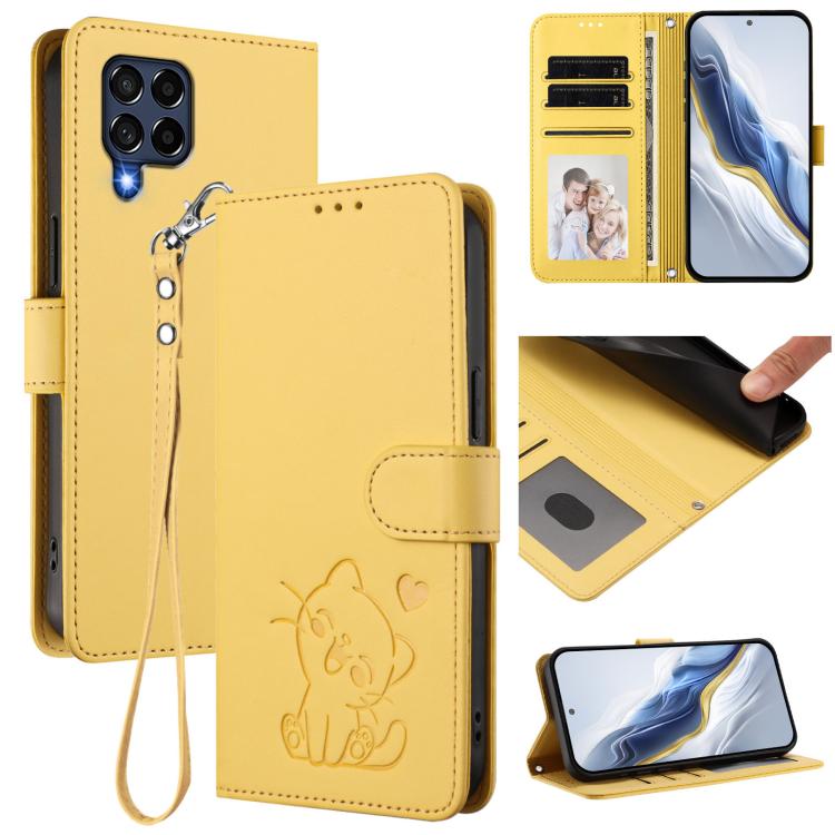 Custodia per telefono in pelle con ciondolo a forma di gatto e cuore in rilievo, completa di cinturino da polso., For Samsung Galaxy M53 5G, For Samsung Galaxy M33 5G