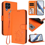 Custodia per telefono in pelle con ciondolo a forma di gatto e cuore in rilievo, completa di cinturino da polso., For Samsung Galaxy M53 5G, For Samsung Galaxy M33 5G