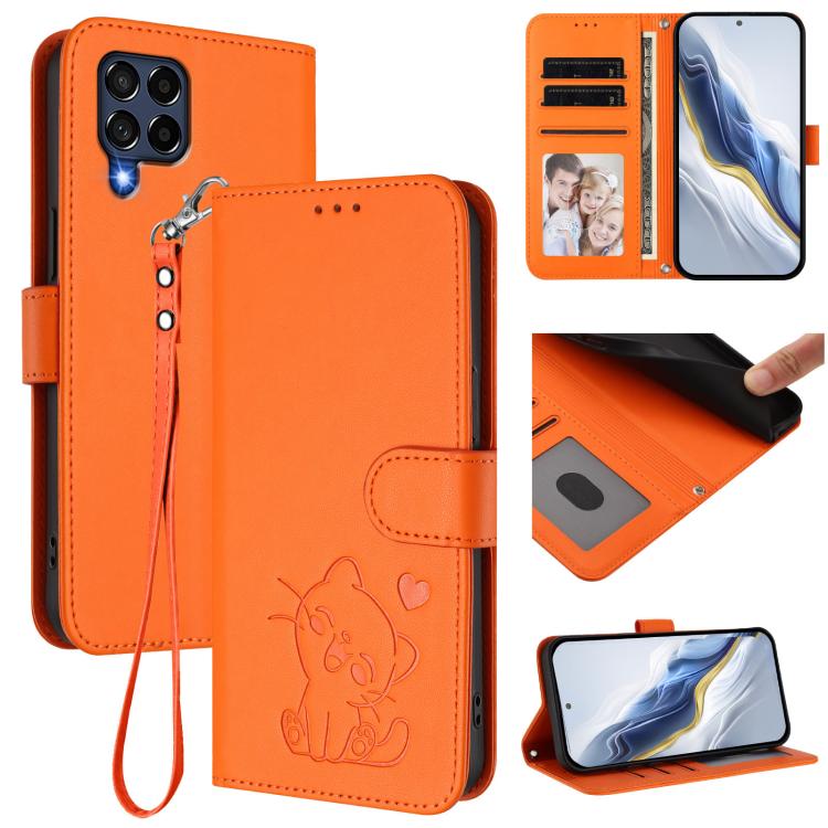 Custodia per telefono in pelle con ciondolo a forma di gatto e cuore in rilievo, completa di cinturino da polso., For Samsung Galaxy M53 5G, For Samsung Galaxy M33 5G