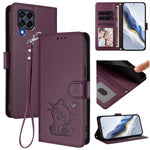 Custodia per telefono in pelle con ciondolo a forma di gatto e cuore in rilievo, completa di cinturino da polso., For Samsung Galaxy M53 5G, For Samsung Galaxy M33 5G