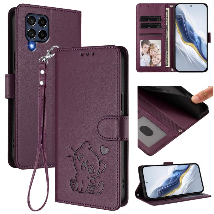 Custodia per telefono in pelle con ciondolo a forma di gatto e cuore in rilievo, completa di cinturino da polso., For Samsung Galaxy M53 5G, For Samsung Galaxy M33 5G