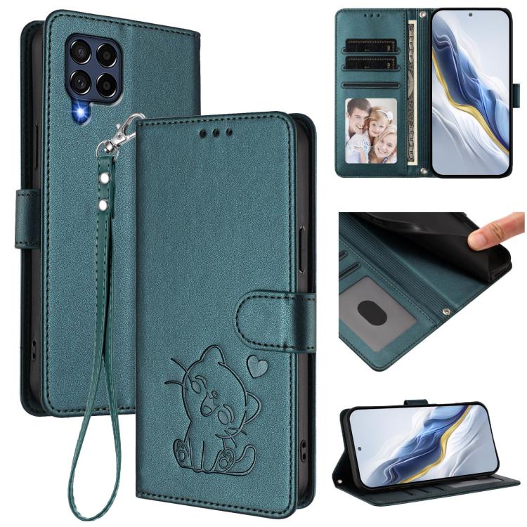 Custodia per telefono in pelle con ciondolo a forma di gatto e cuore in rilievo, completa di cinturino da polso., For Samsung Galaxy M53 5G, For Samsung Galaxy M33 5G