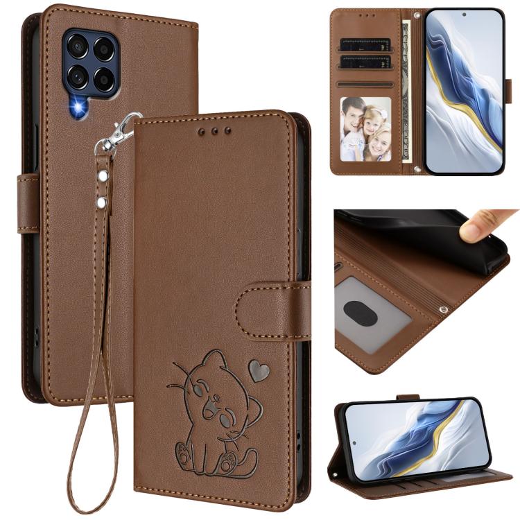 Custodia per telefono in pelle con ciondolo a forma di gatto e cuore in rilievo, completa di cinturino da polso., For Samsung Galaxy M53 5G, For Samsung Galaxy M33 5G