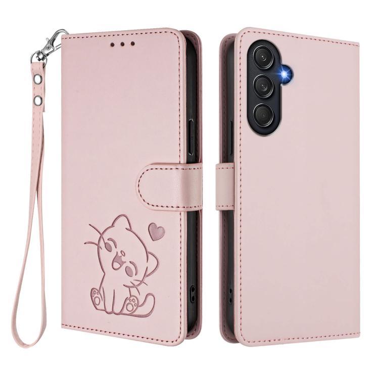 Custodia per telefono in pelle con ciondolo a forma di gatto e cuore in rilievo, completa di cinturino da polso., For Samsung Galaxy M54 5G / F54 5G, For Samsung Galaxy M14 5G